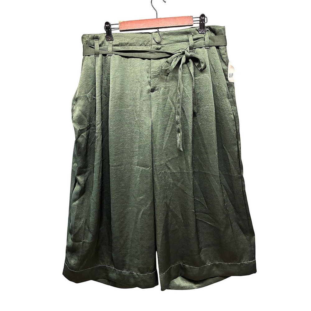 GAP Belted Cropped Wide Leg Satin Pleated Pants Womens 18 Green Modern NWT